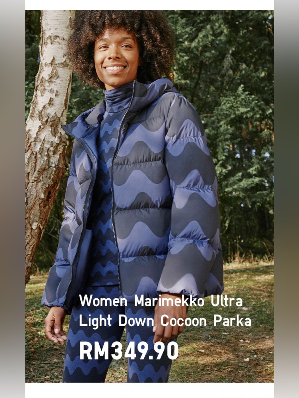 Marimekko Uniqlo Ultra Light Down Cocoon Parka Wavy Pattern Navy Women S